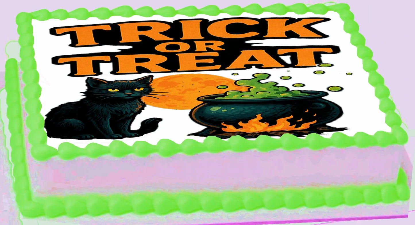 Halloween-themed Icing Images with black cat, orange pumpkin, and cauldron