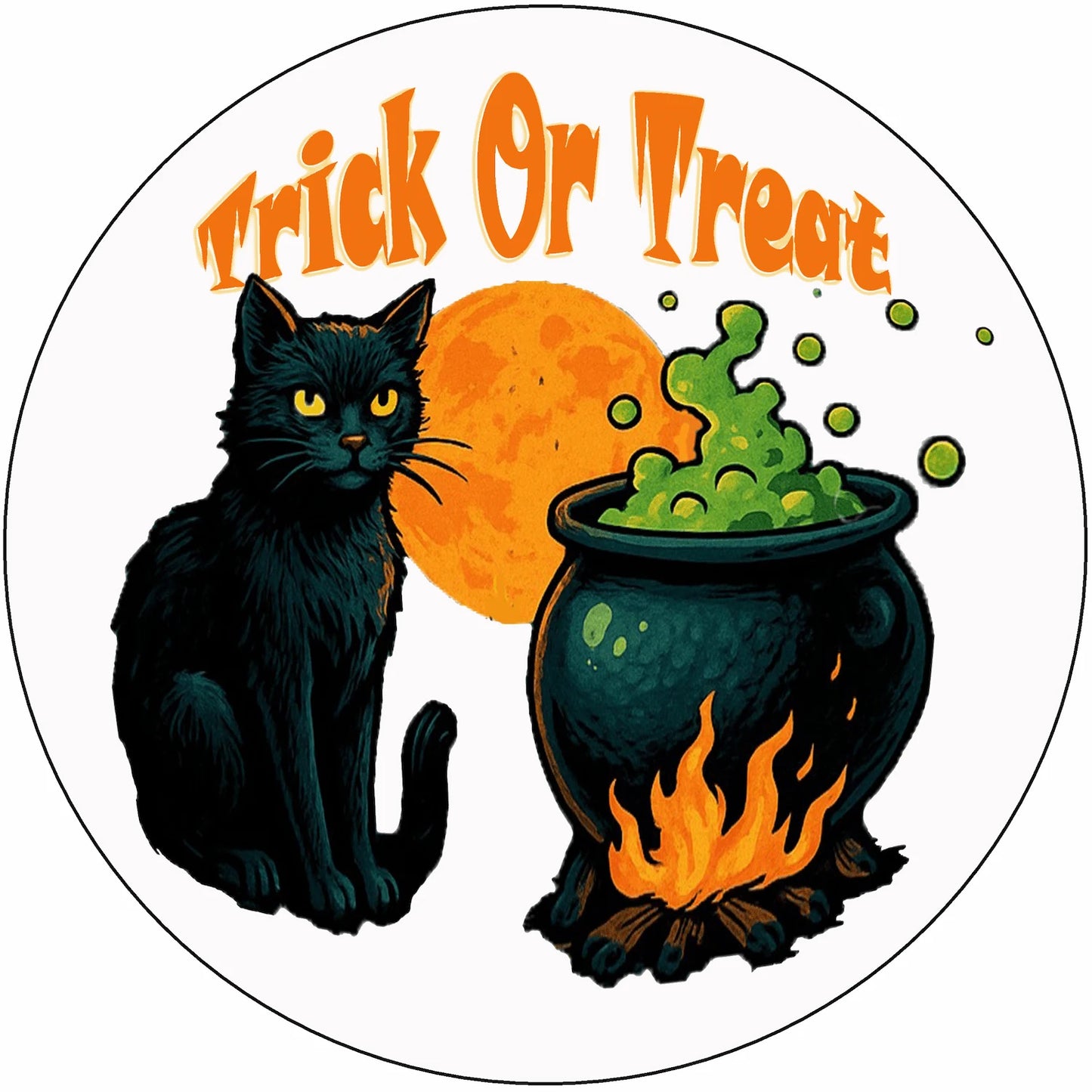 Halloween-themed design with a black cat, cauldron, and 'Trick or Treat' text.