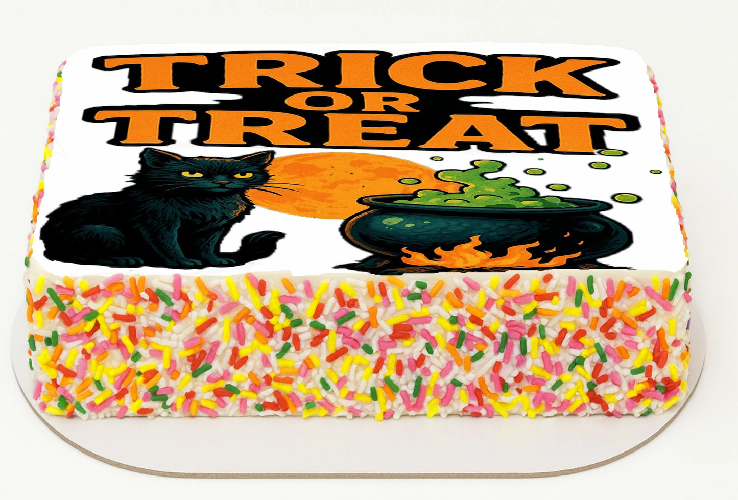 Halloween-themed Edible Icing cake with black cat, cauldron, and 'Trick or Treat' text