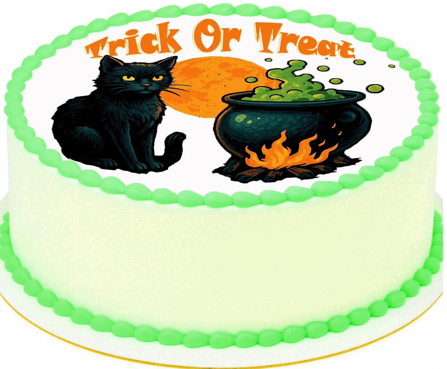 Halloween-themed edible image with black cat, cauldron, and 'Treat or Trick' text