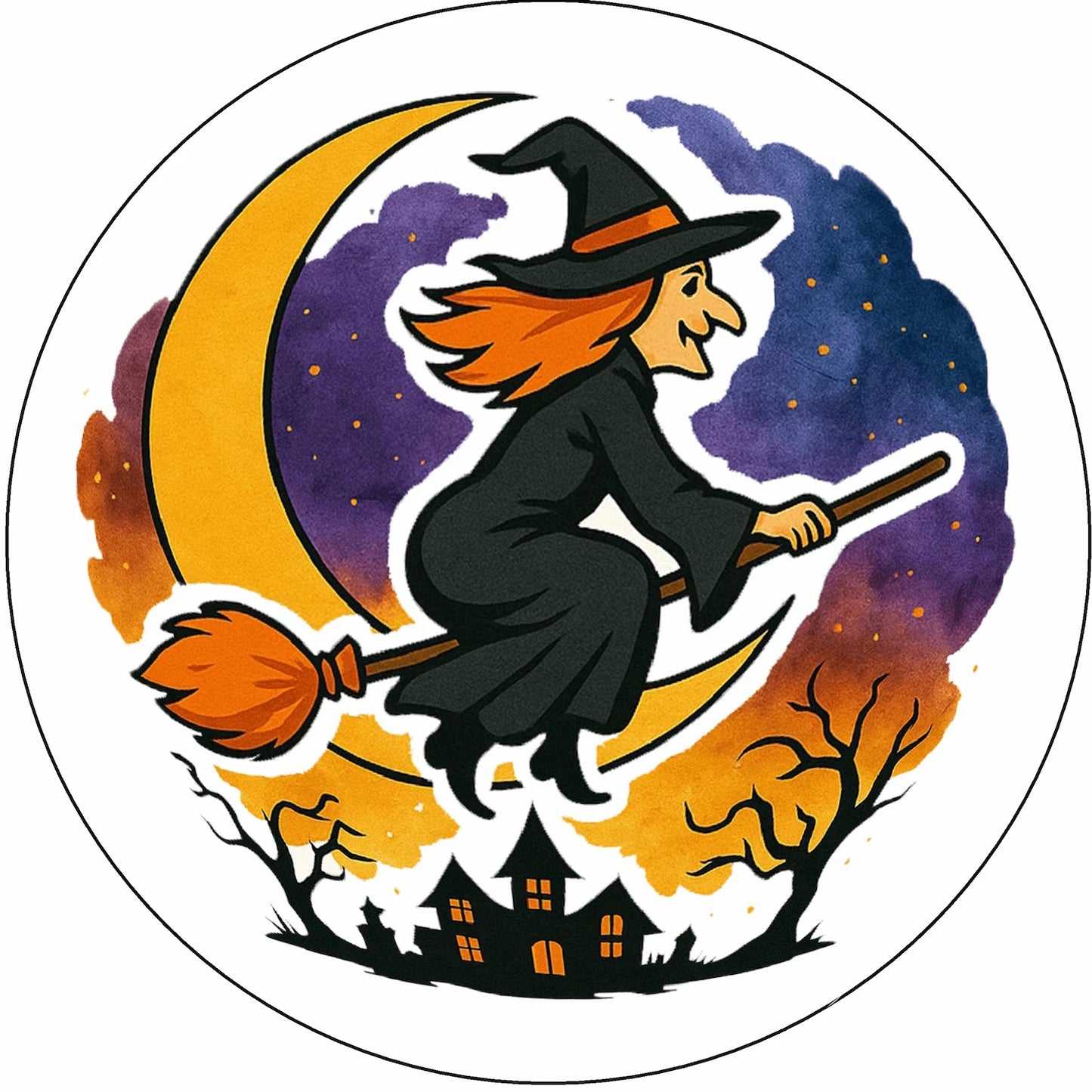 Cartoon witch on a broomstick with a crescent moon and purple sky in the background on edible icing image