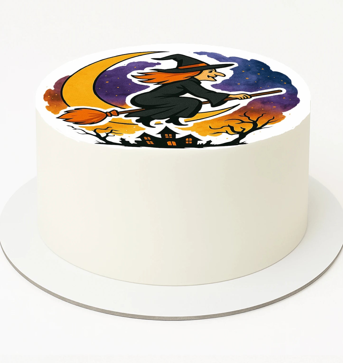 Halloween-themed edible image cake topper with a witch design