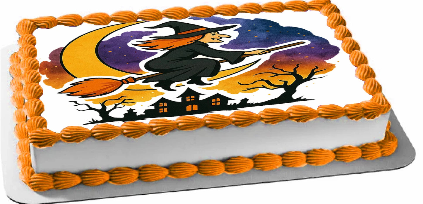 Halloween-themed cake with witch design on a white background