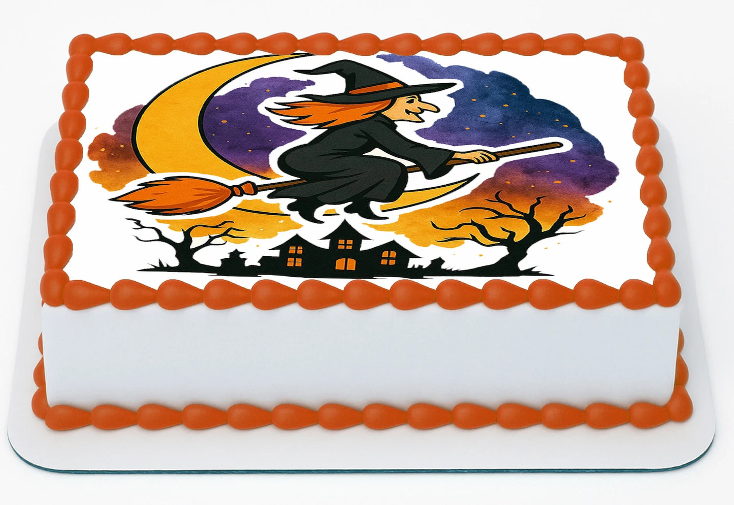 Halloween-themed Edible Icing Cake Topper with a witch flying on a broomstick design.