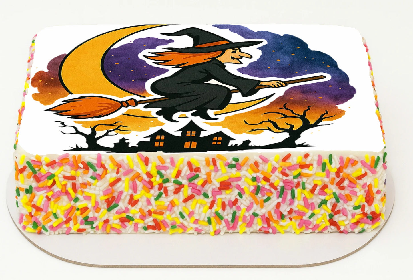 Halloween-themed Edible Icing Image with witch and broom design