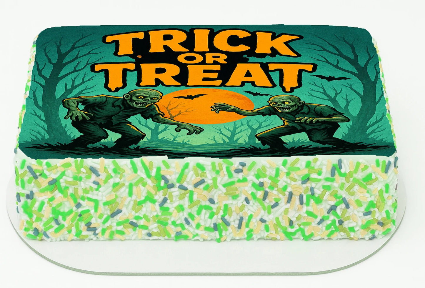 Halloween-themed Edible Icing Images Cake topper with 'Trick or Treat'