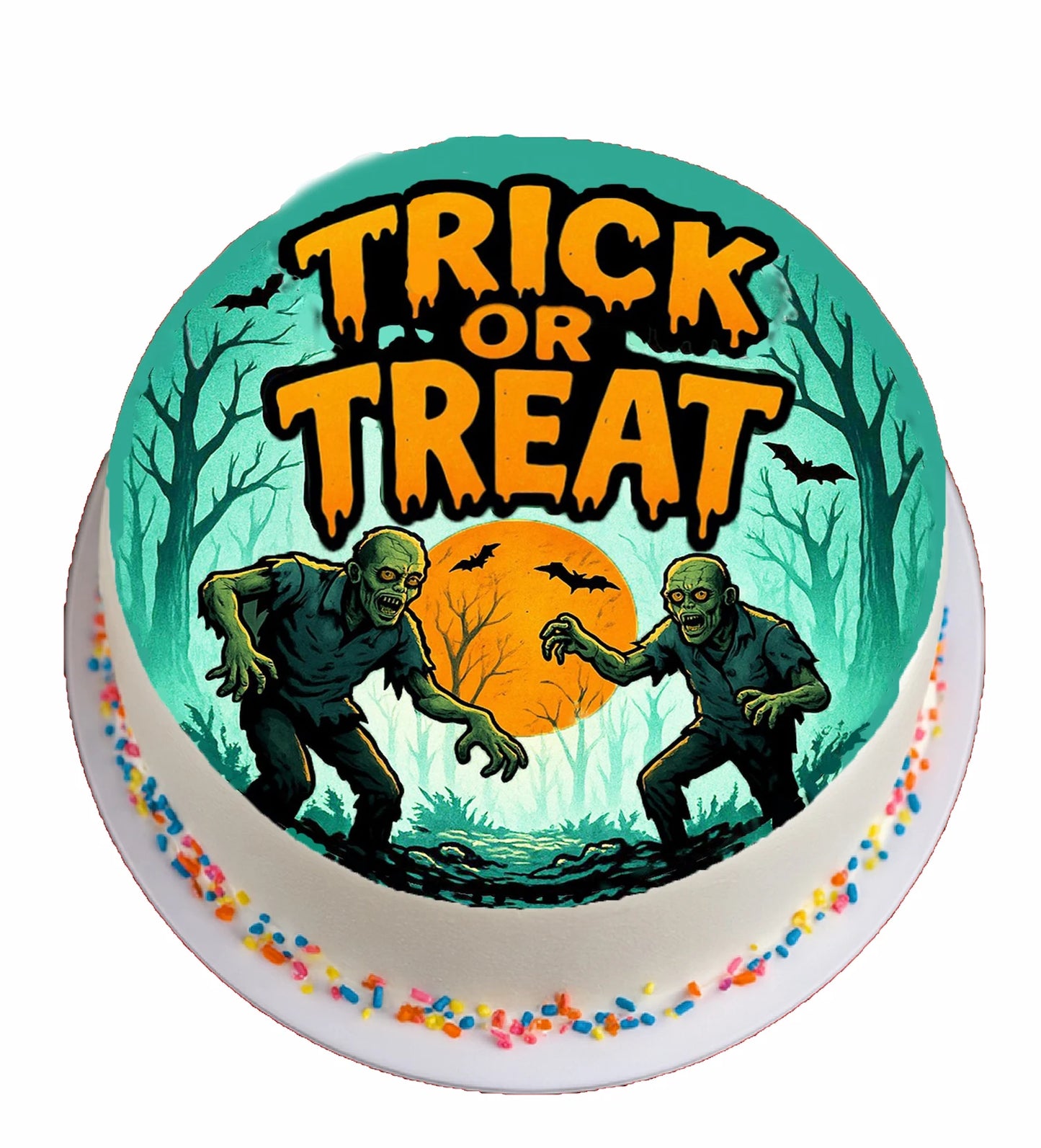 Halloween-themed cake topper with 'Trick or Treat' text and zombie design.