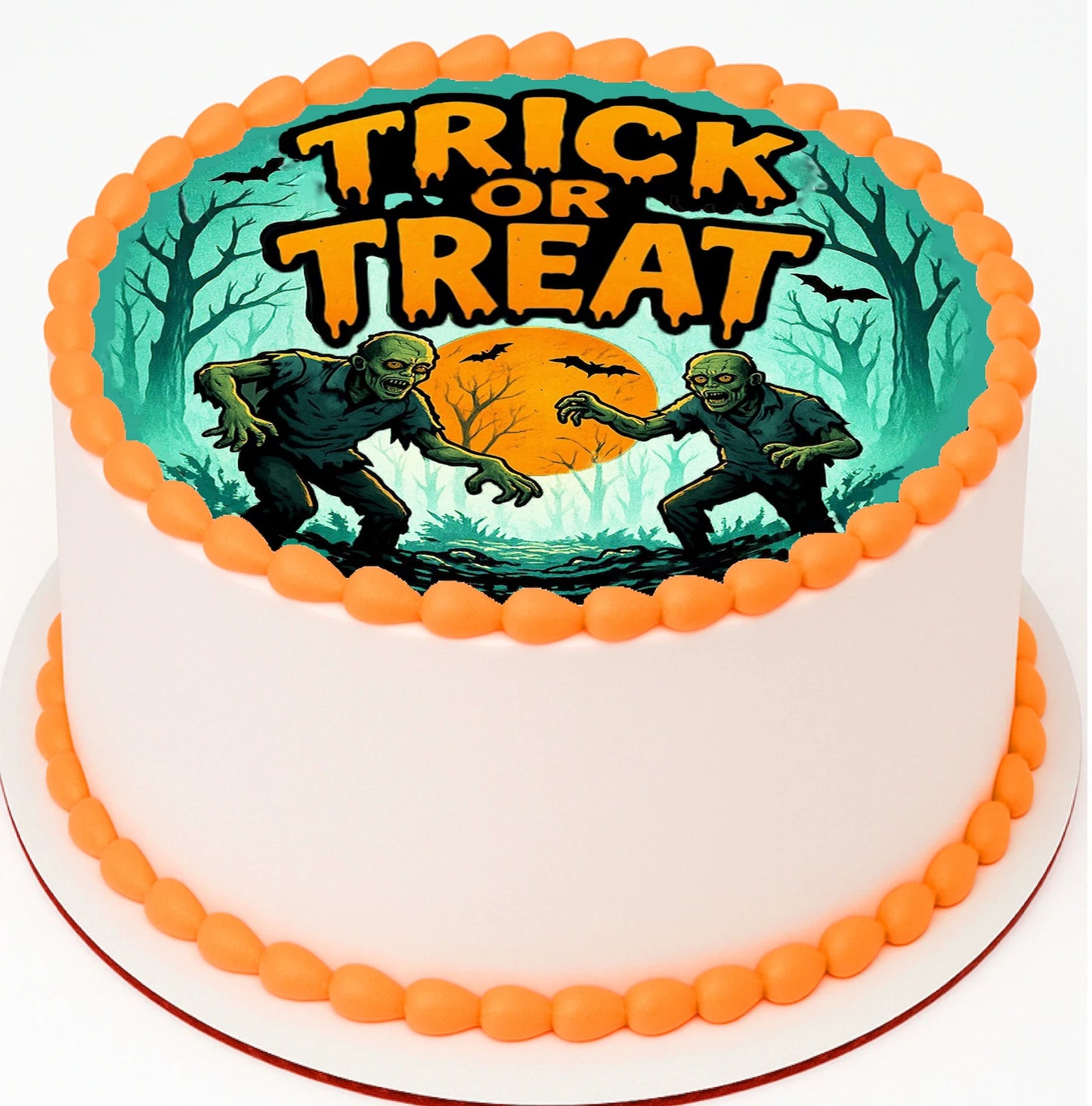 Halloween-themed icing image cake topper with 'Trick or Treat' text and zombie design