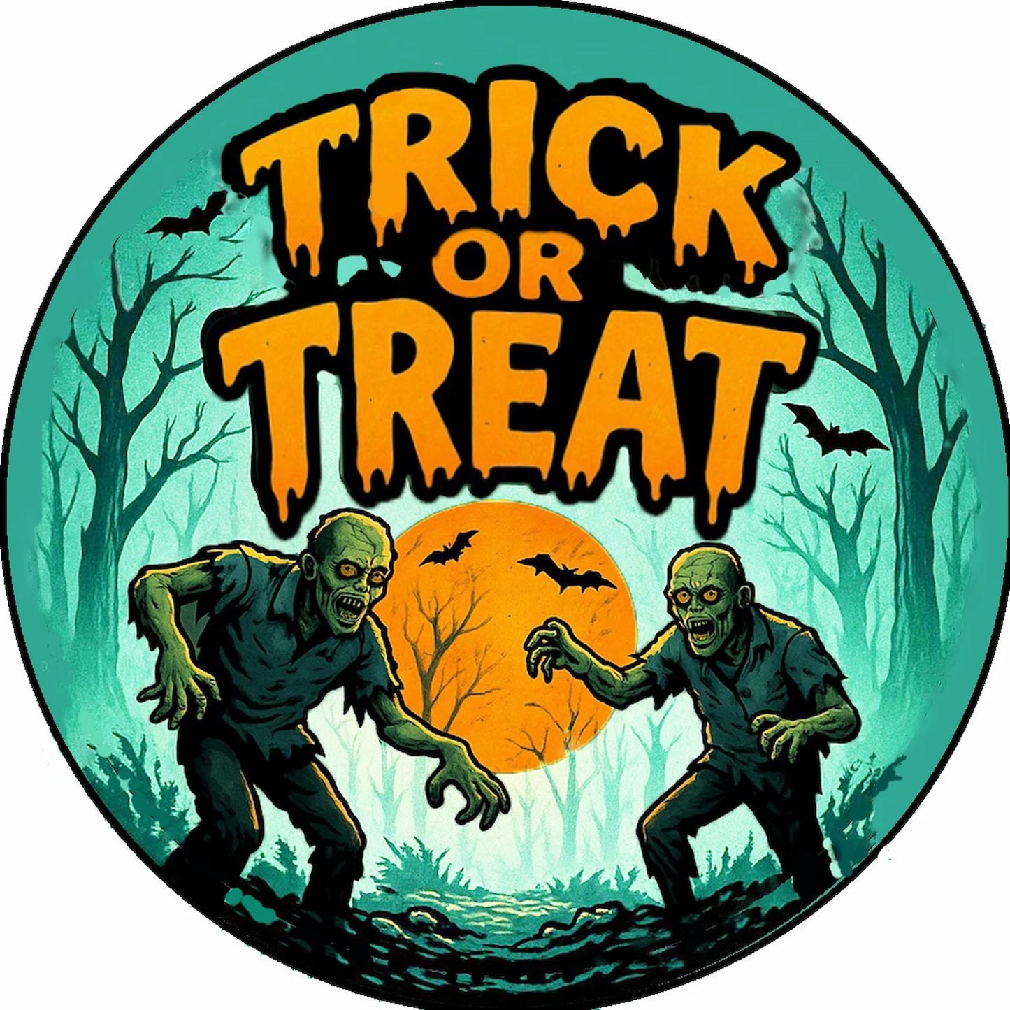 Halloween-themed edible image cake topper design with zombies and 'Trick or Treat' text.