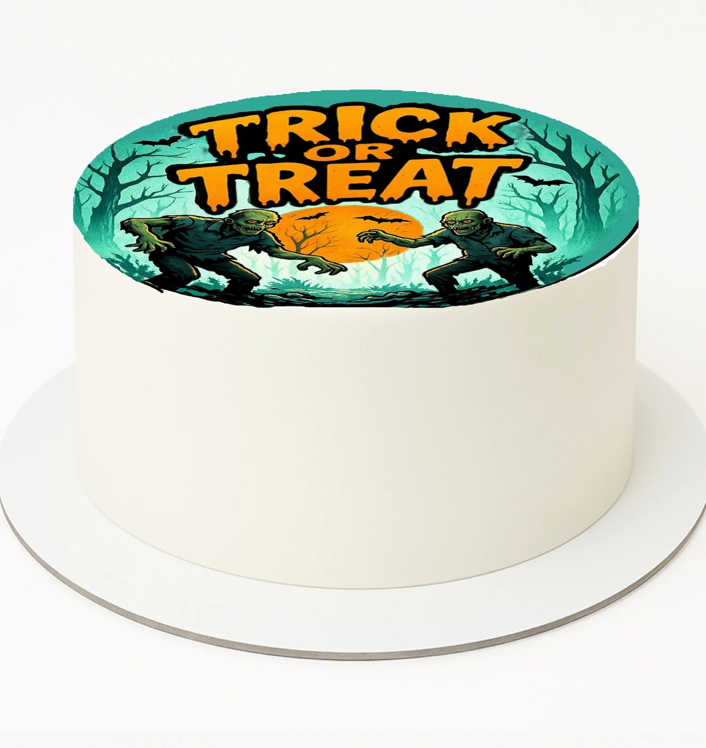 Cake topper edible image with 'Trick or Treat' text and Halloween-themed design with zombies in front of full moon.