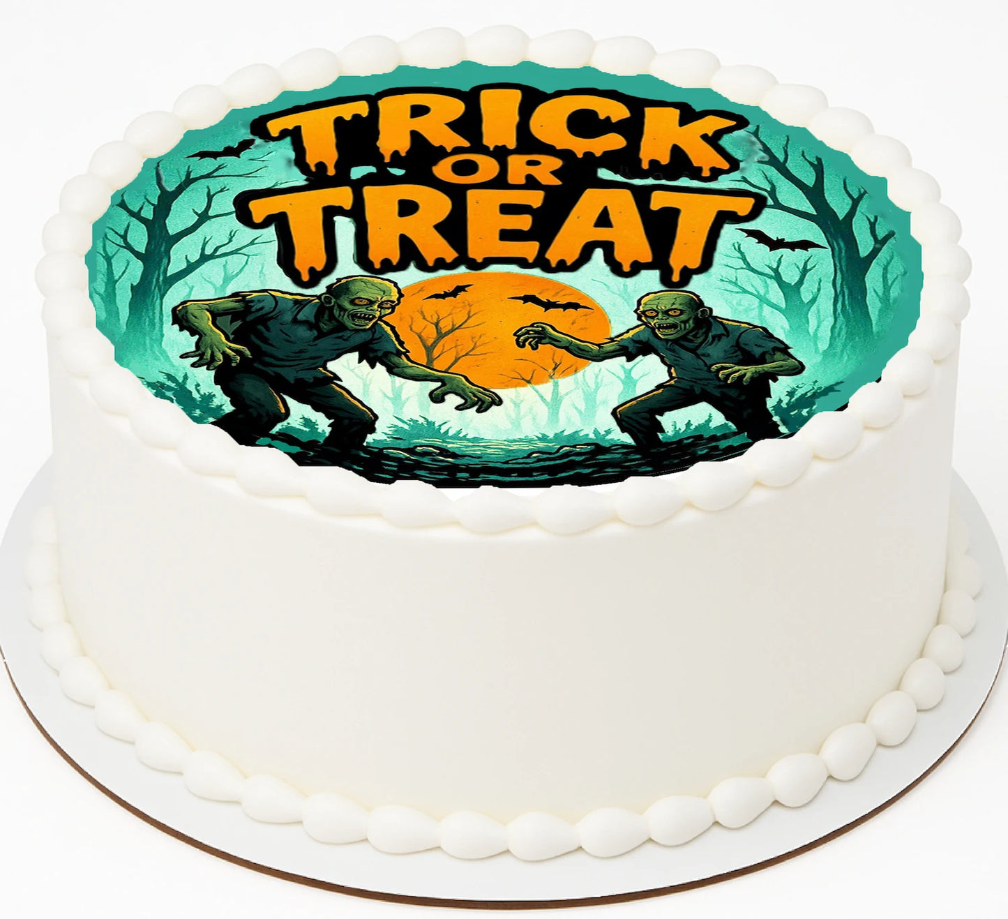 Halloween-themed cake with 'Trick or Treat' text and zombie design on edible icing sheet
