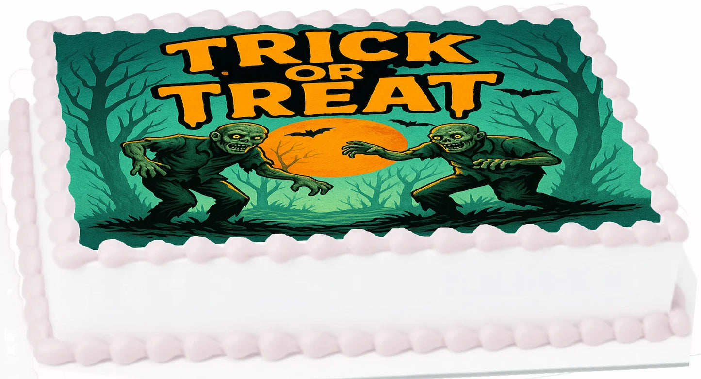Halloween-themed Edible Icing Images cake topper with 'Trick or Treat' text and skeletons.
