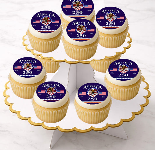 Happy 250 Birthday USA Edible Image Cookie & Cupcake Toppers – Precut 2” Rounds Easy to apply