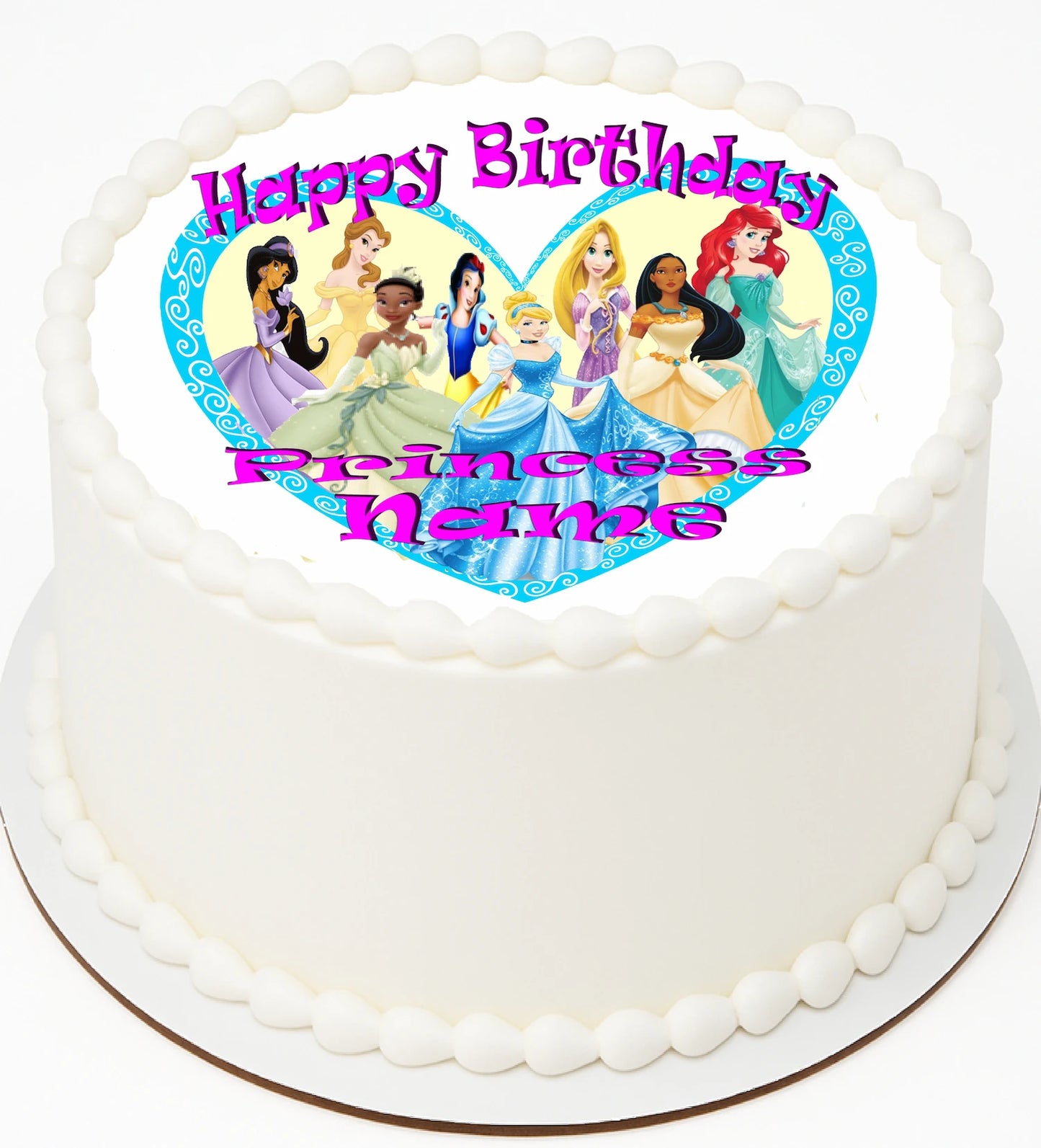 Birthday cake with Prencess-themed decoration featuring eight characters