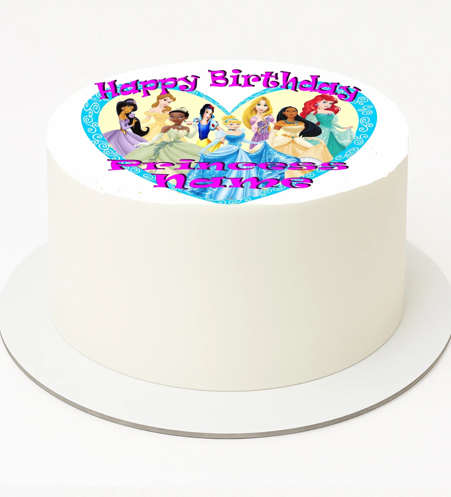 Round cake with Disney princesses on a heart-shaped topper