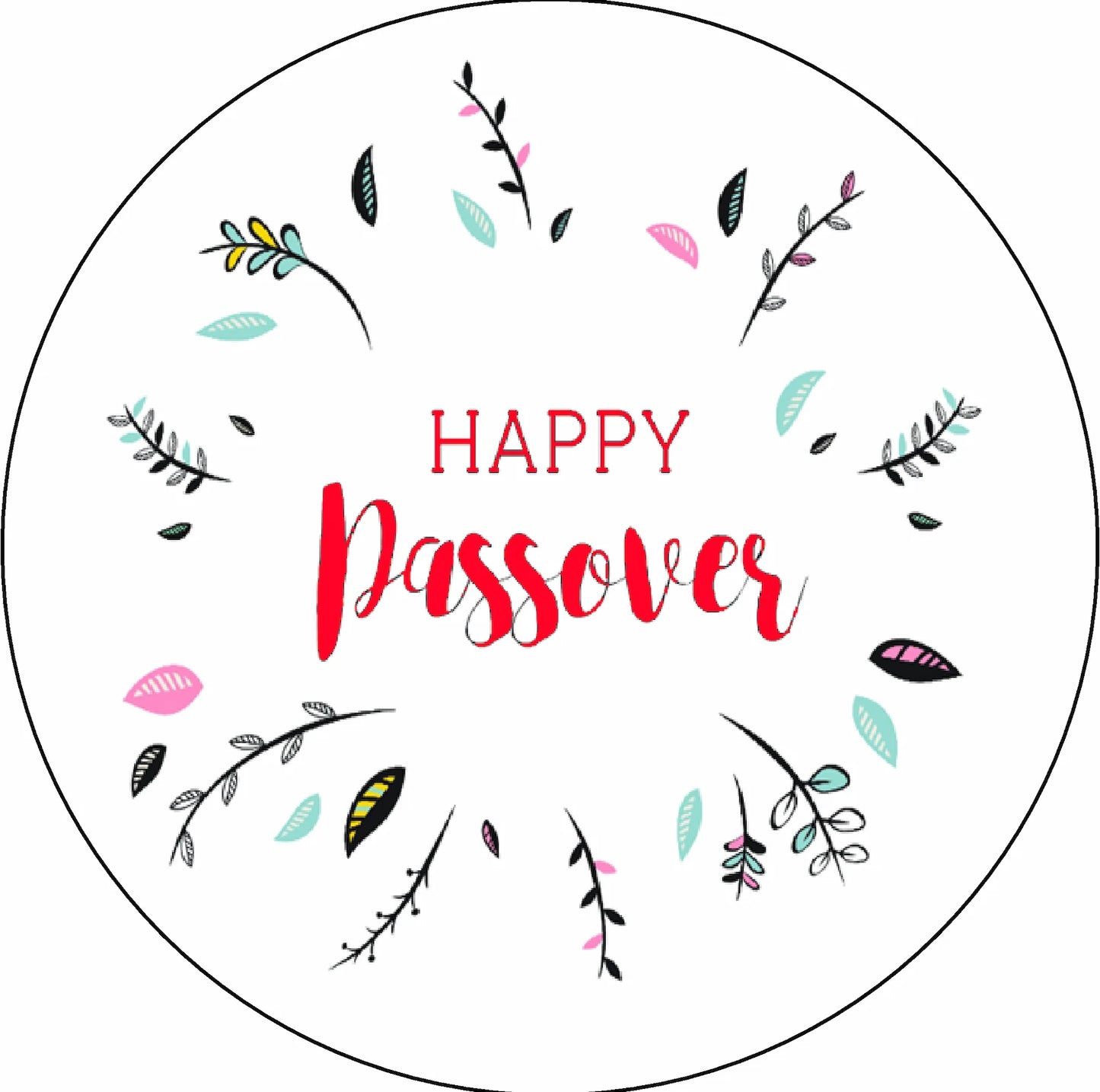round edible image cake topper with a decorative design and 'Happy Passover' text