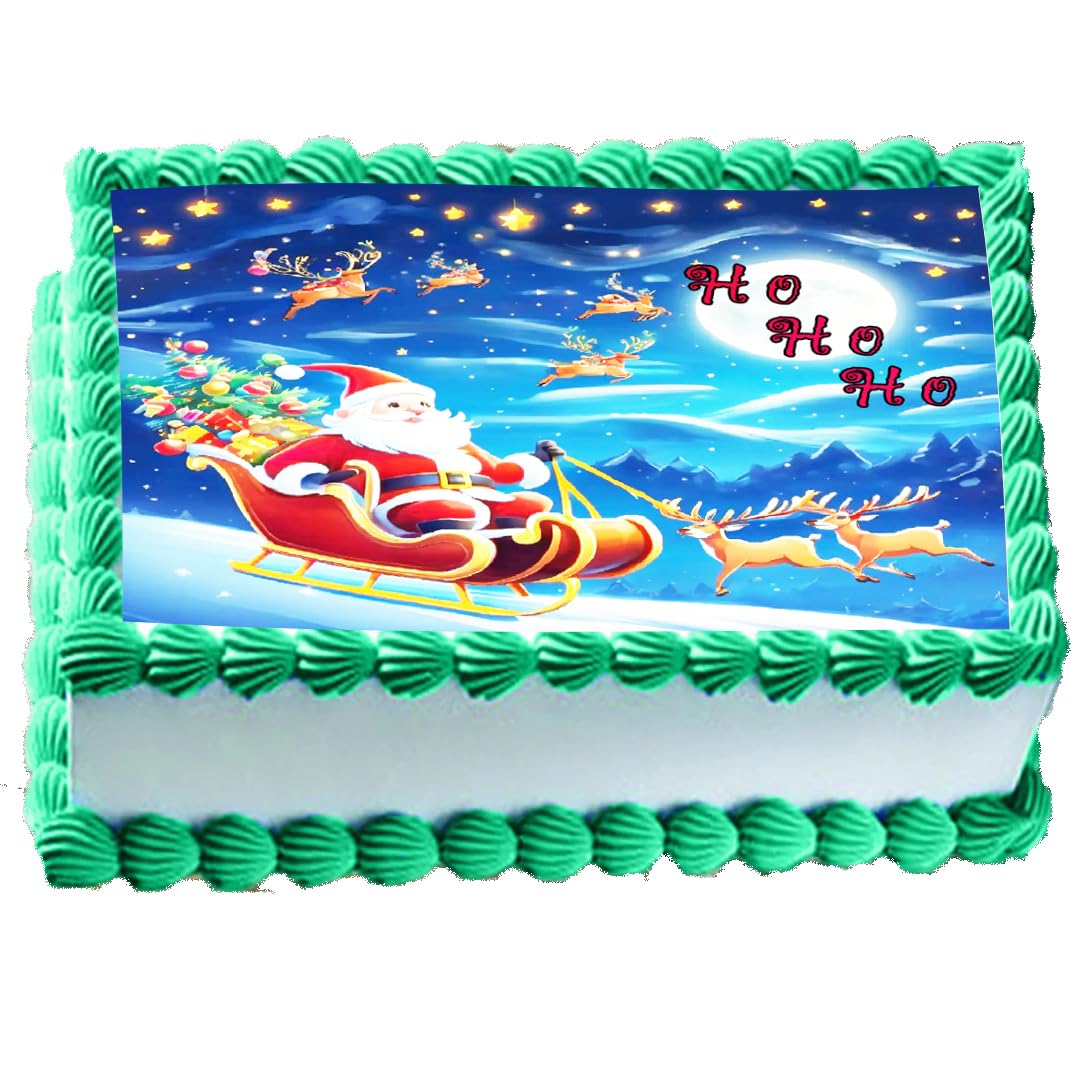 Christmas-themed cake with Santa Claus and reindeer on a blue sky background