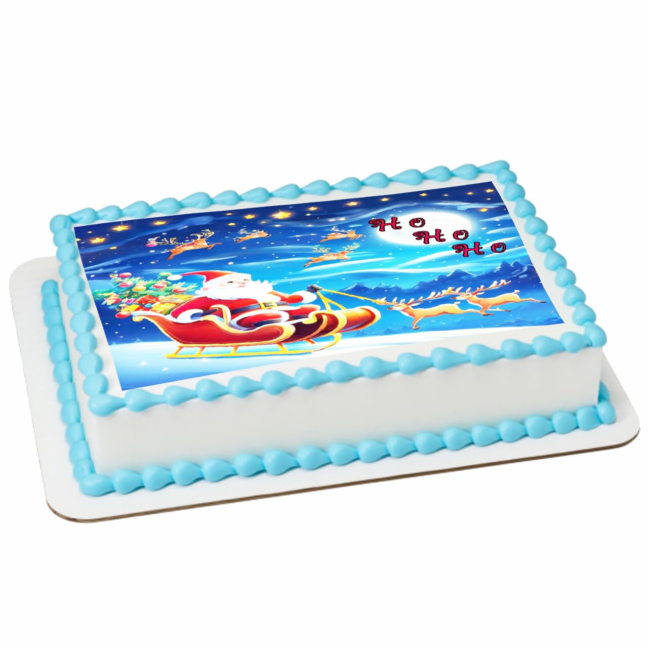 Rectangular cake with Santa Claus and reindeer design on a white background