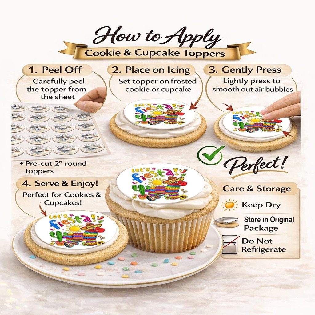How to Apply- Cinco De Mayo Let's Fiesta Design – Icing Sheet Cookie & Cupcake Images –20 Pre-cut 2” Round– RA Pape