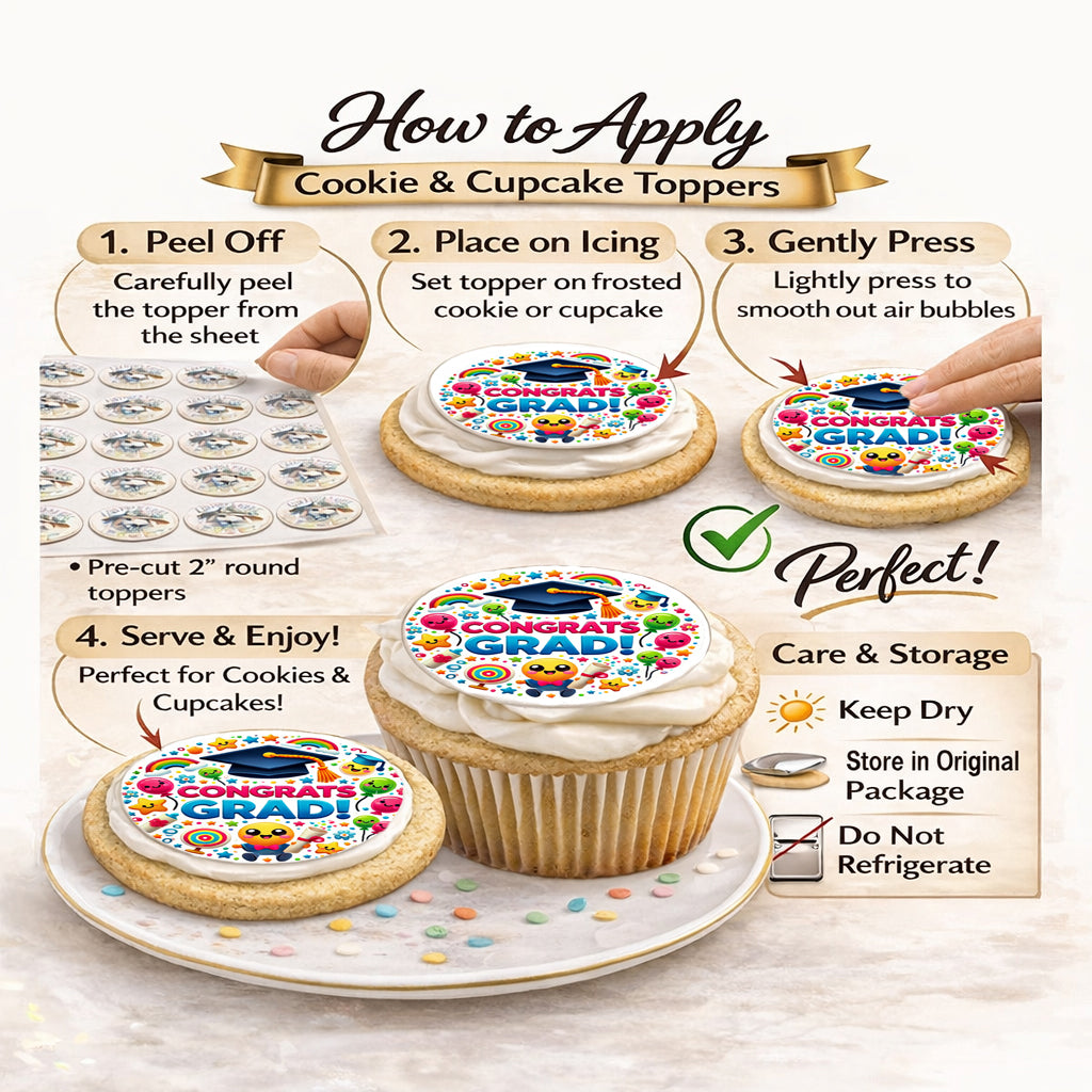 How to Apply Custom Edible Cookie & Cupcake Topper Congrats Grad Design 20 - 2” Precut Icing Sheet - RA Pape