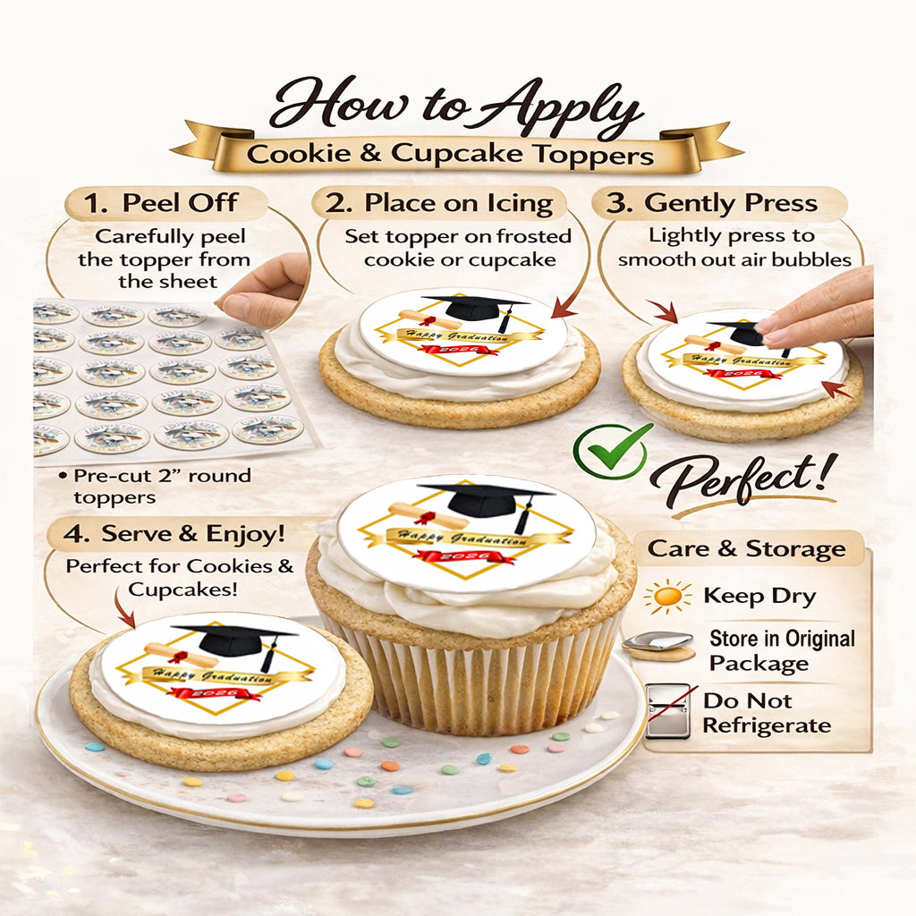How to apply Custom Edible Cookie & Cupcake Topper Golden Graduate Design 20 - 2” Precut Icing Sheet - RA Pape