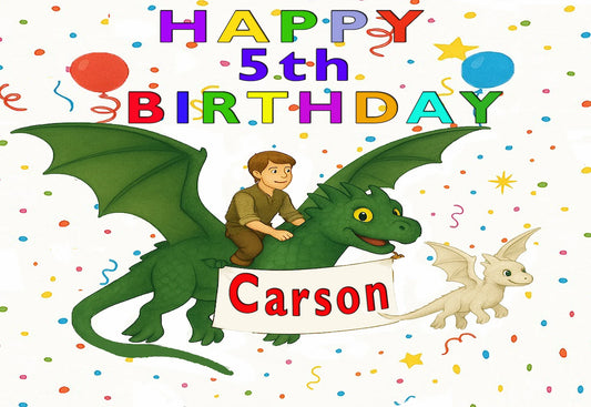 How to Train Dragon Edible Image Sheet Cake Topper with a dragon and child illustration, colorful personalized text,