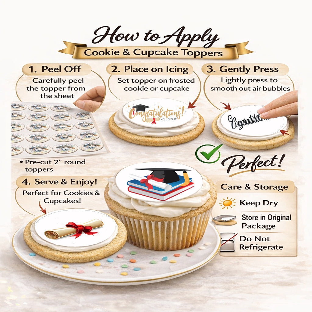 How to apply Custom Edible Cookie & Cupcake Topper Mixed Graduation Designs 20 - 2” Precut Icing Sheet - RA Pape