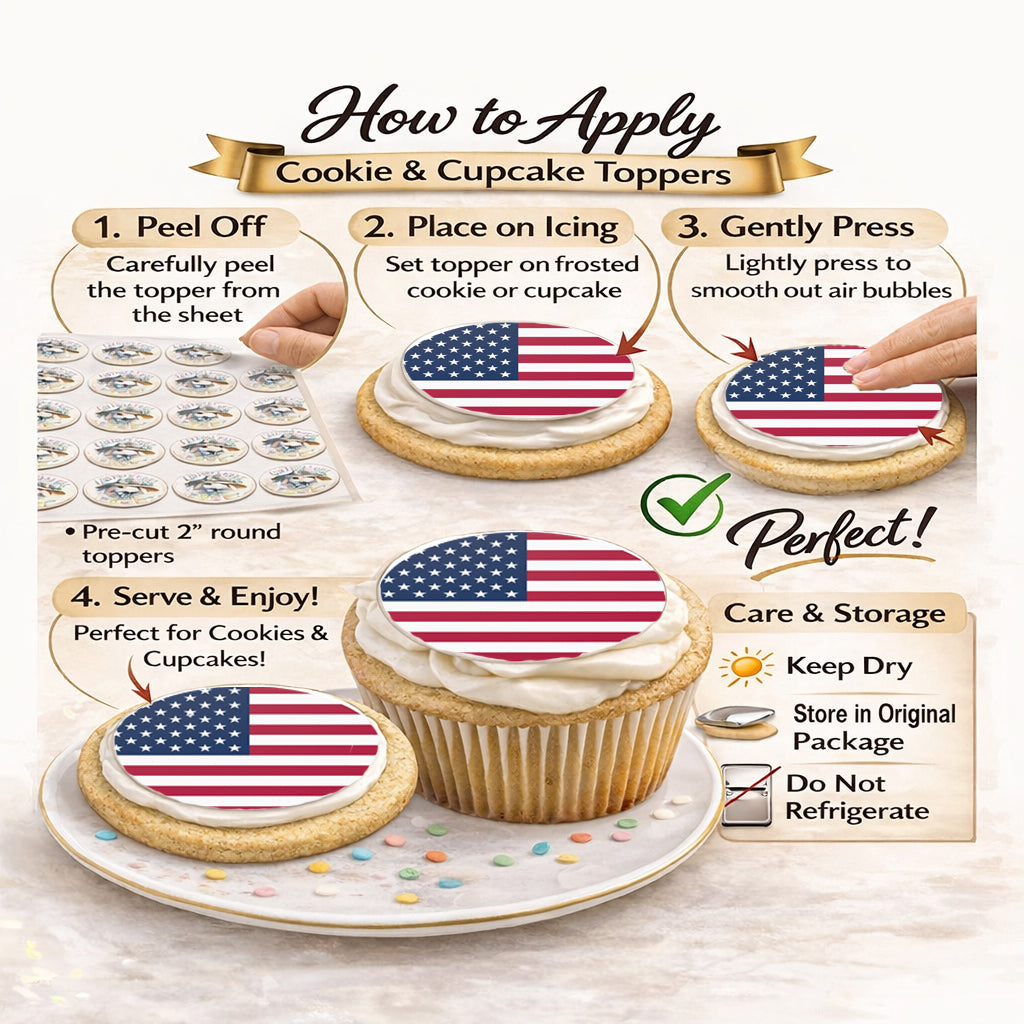 How to use American Flag Edible Image Cookie & Cupcake Toppers – Precut 2” Rounds