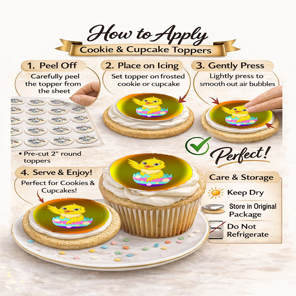 Instructions on how to apply cookie and cupcake toppers with a Easter Chick on top.