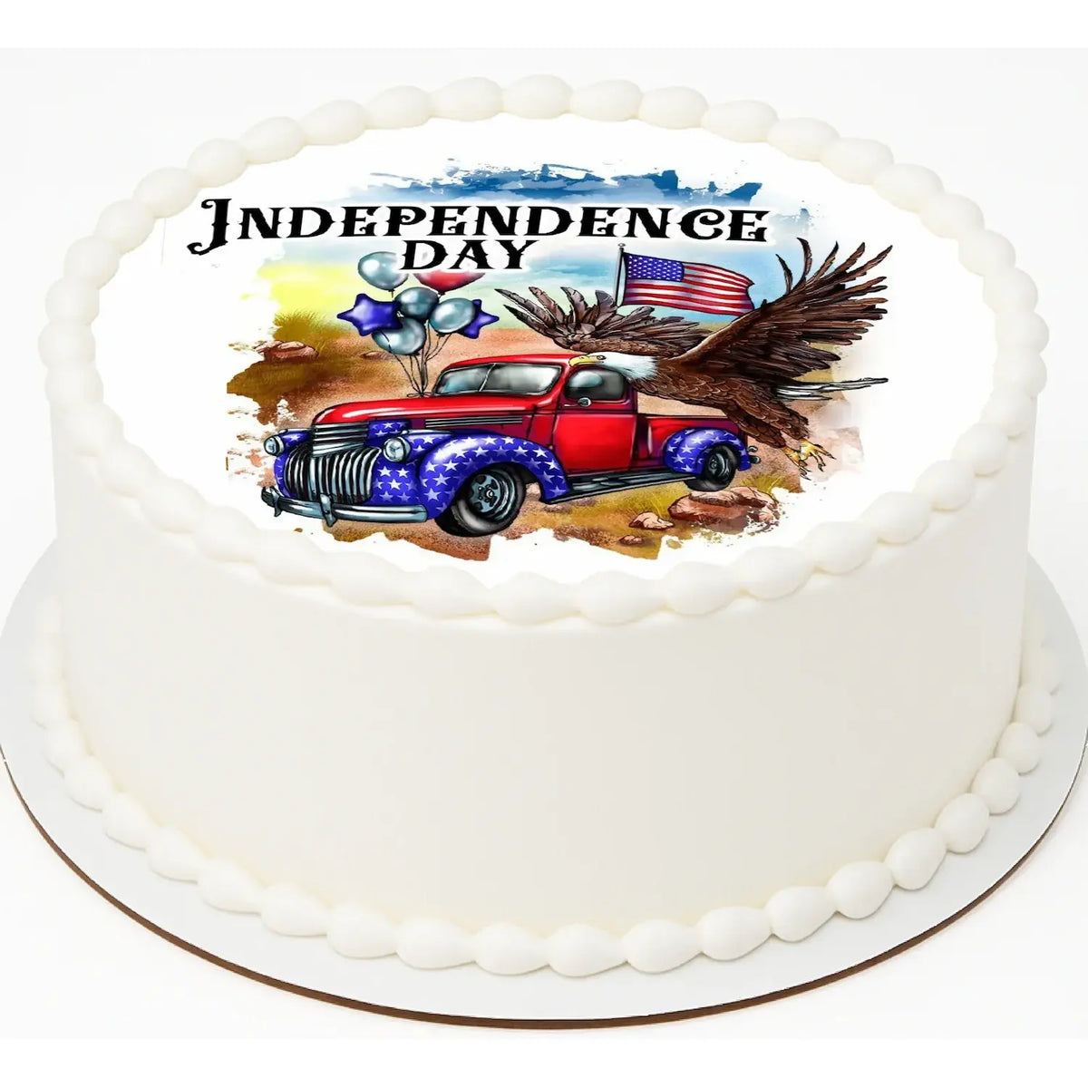 Independence Day Truck Edible Icing Cake Topper – 8-Inch Round on a round cake.