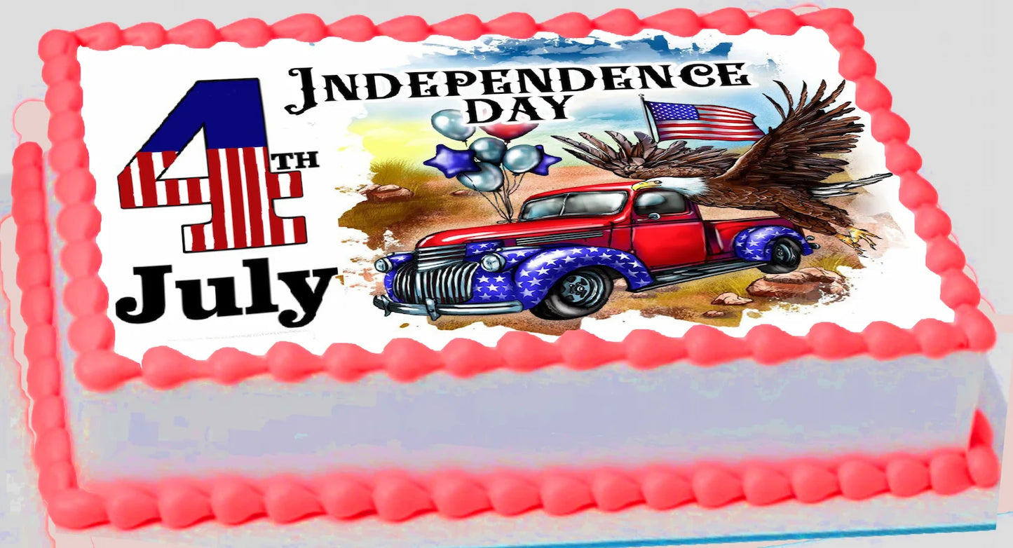 Independence Day-themed edible image cake topper with a red, white, and blue truck design on a white cake.