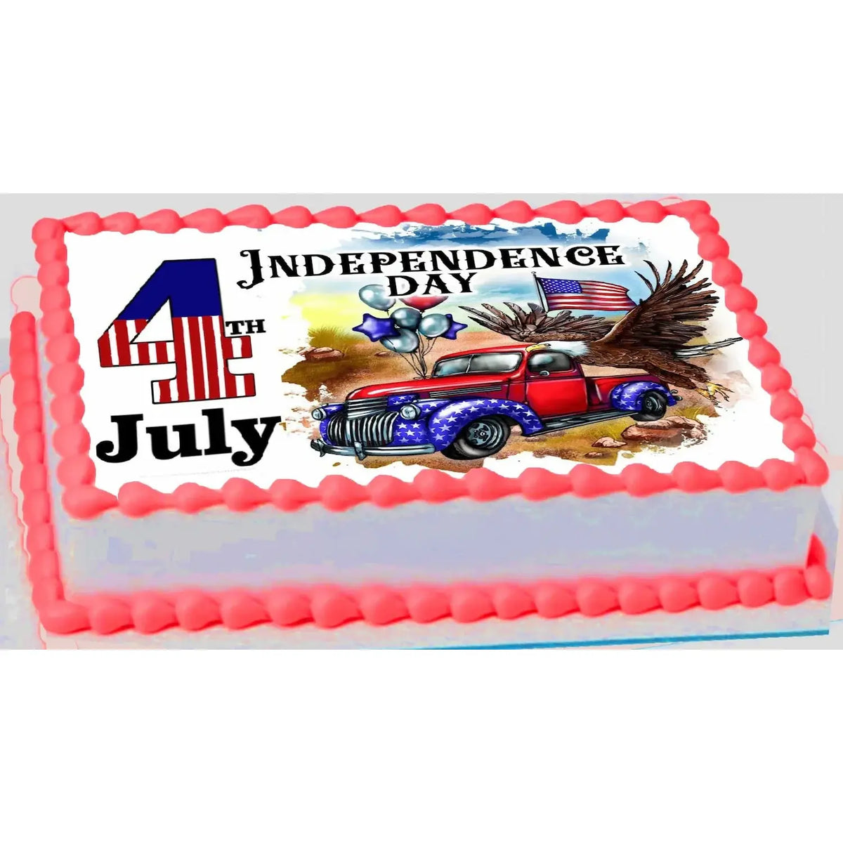 Independence Day Truck Edible Icing Sheet Cake Topper on a sheet cake.