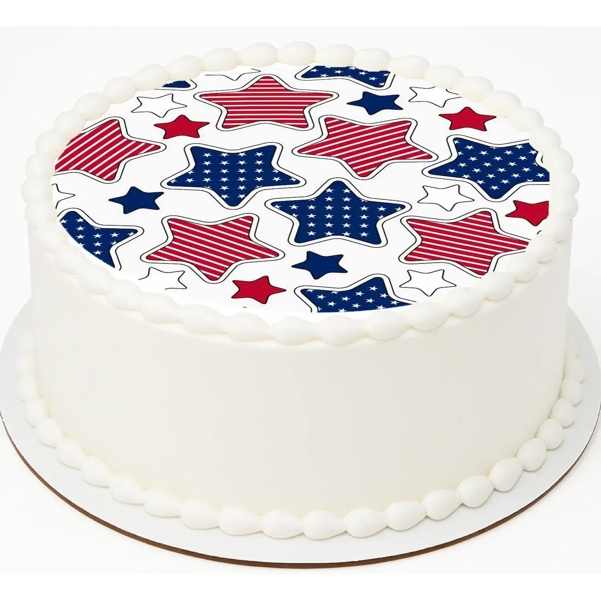 Independence Star July 4th Edible Icing Cake Topper – 8-Inch Round on a round cake.