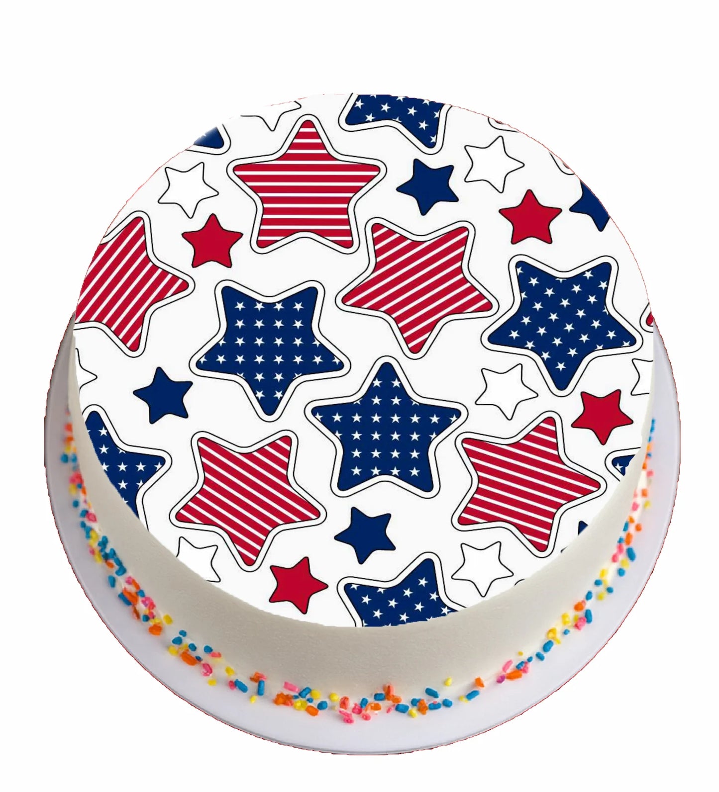 Cake with red, white, and blue star decorations on a white background