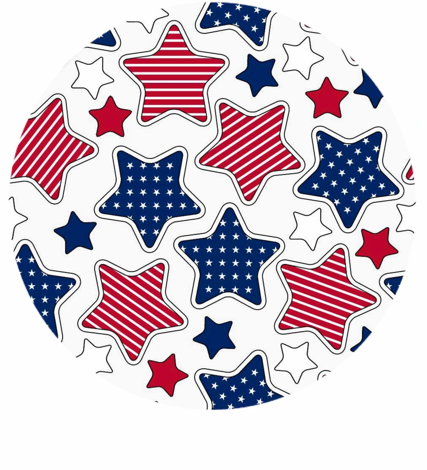 Collection of red, white, and blue star-shaped decorations on a white background