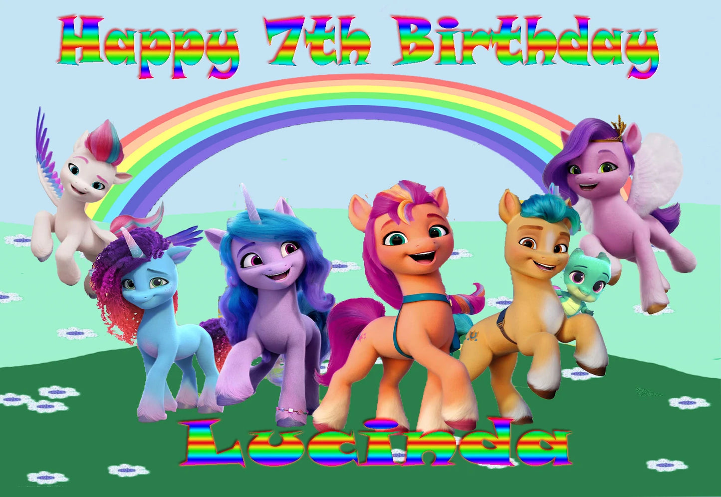 Personalized Edible Icing Images birthday cake topper with Little Pony cartoon characters and 'Happy Birthday' and name that can be personalized