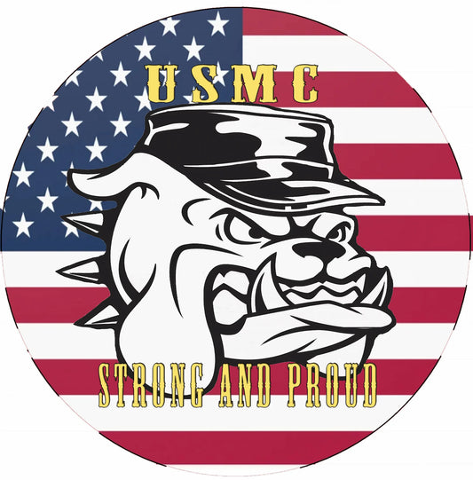 8" USMC logo with bulldog and 'Strong and Proud' text on an American flag background on a 8" edible image cake topper
