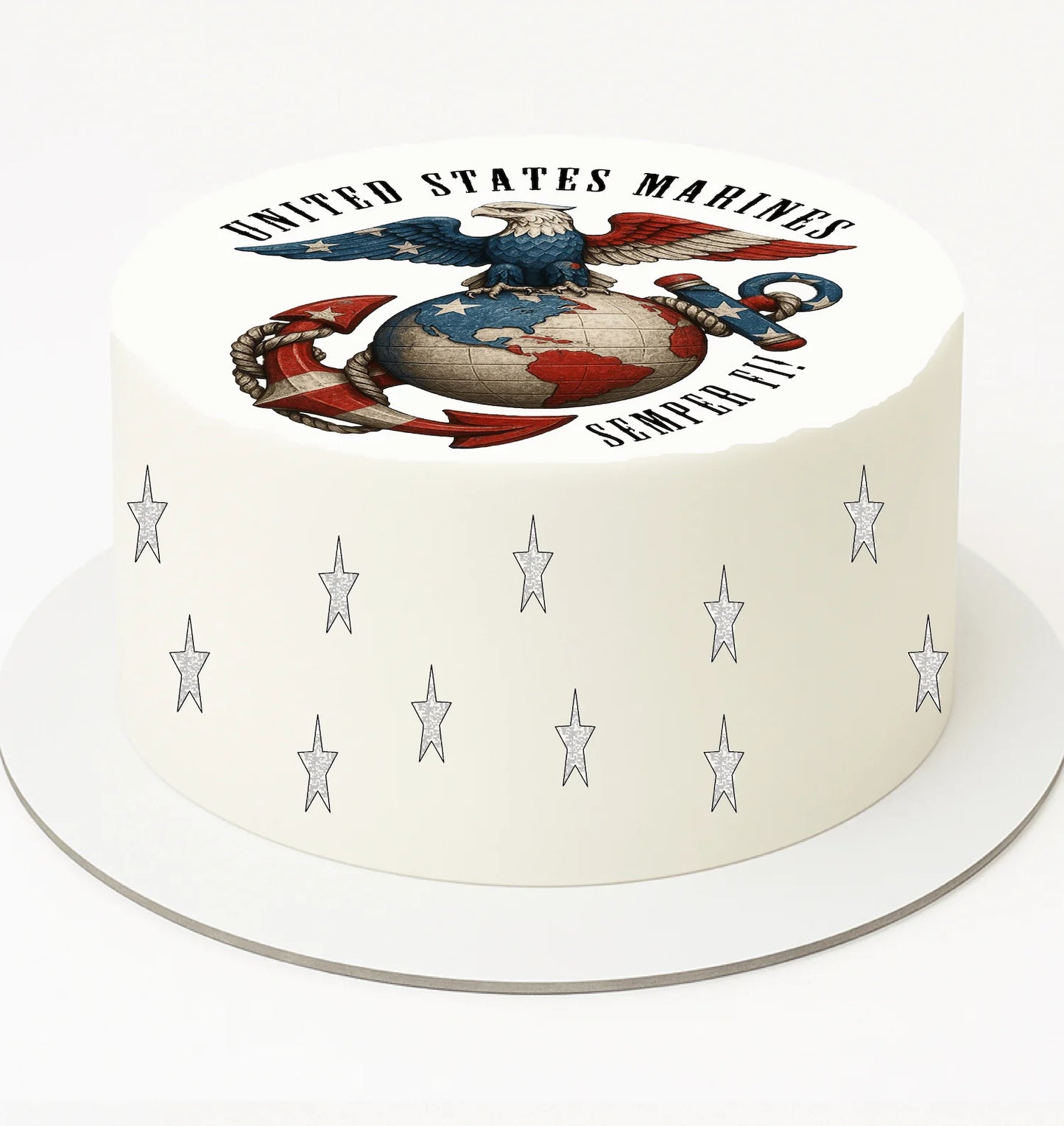 Cake with United States Marines emblem and text on a white background