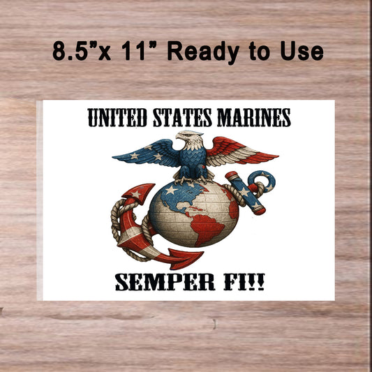 United States Marines logo with an eagle, globe, and anchor in red, white & Blue. Ready to Use' and 'UNITED STATES MARINES SEMPER FI!!'