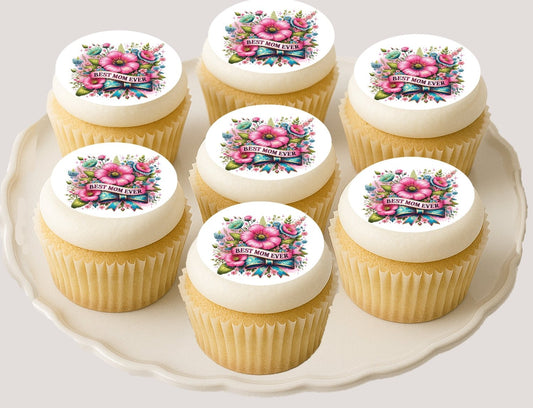 Custom Edible Cake Topper – Mother's Day Best Mom Ever Design – Icing Sheet Cookie & Cupcake Images –20 Pre-cut 2” Round– RA Pape