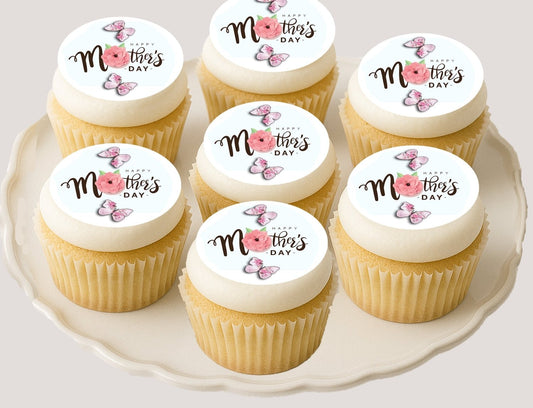 Custom Edible Cake Topper – Mother's Day Butterfly Design – Icing Sheet Cookie & Cupcake Images –20 Pre-cut 2” Round– RA Pape