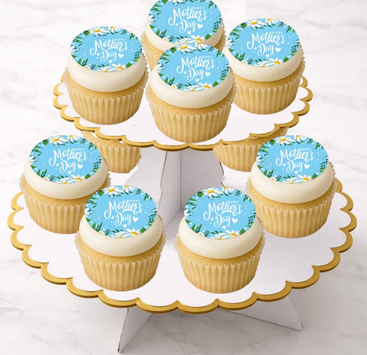 Custom Edible Cake Topper – Mother's Day Daisies Design – Icing Sheet Cookie & Cupcake Images –20 Pre-cut 2” Round– RA Pape