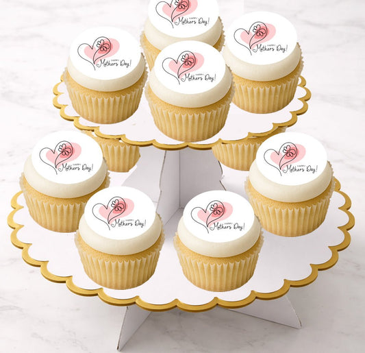 Custom Edible Cake Topper – Mother's Day Heart Design – Icing Sheet Cookie & Cupcake Images –20 Pre-cut 2” Round– RA Pape
