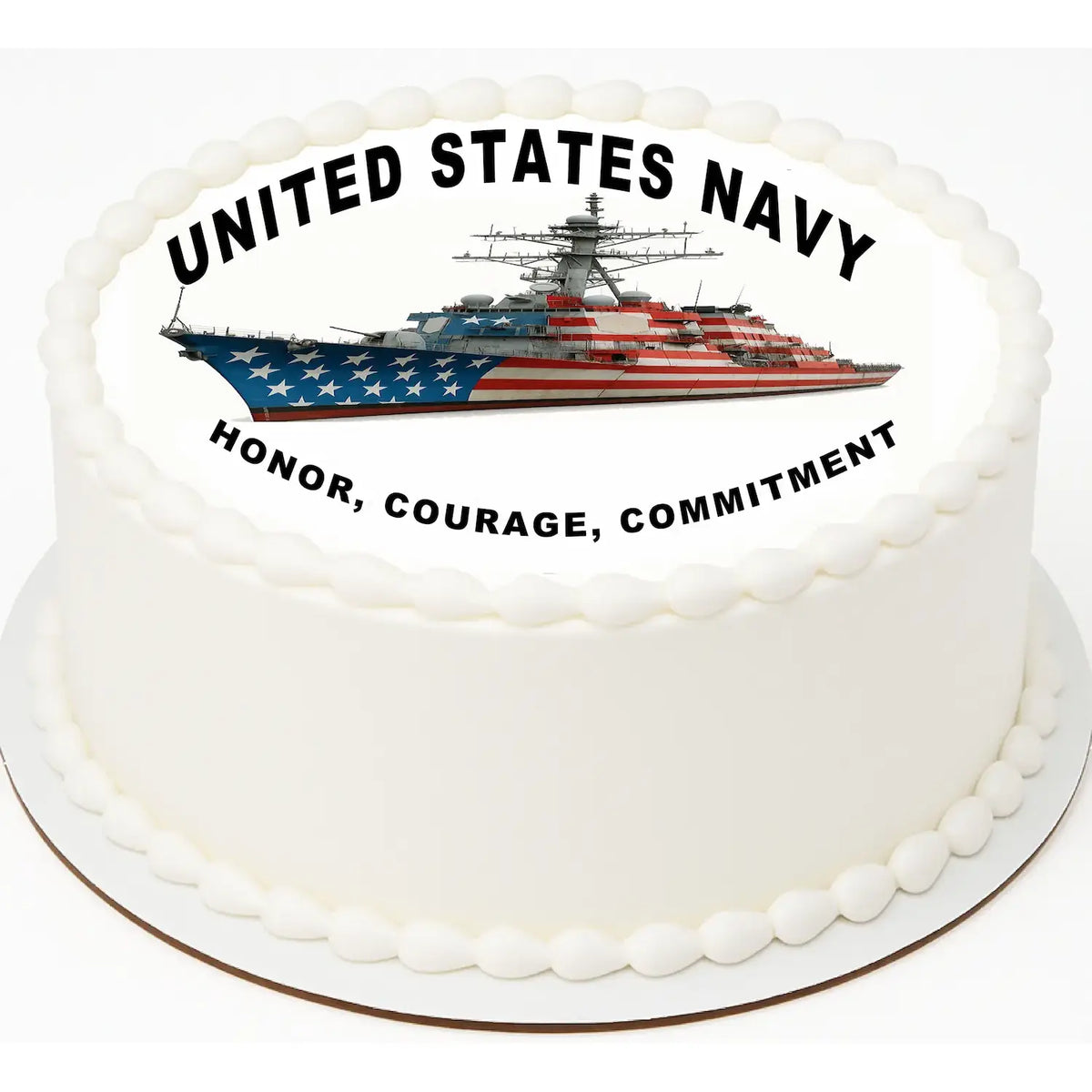 Navy Honor Courage Commitment Edible Icing Cake Topper – 8-Inch Round on a round cake.