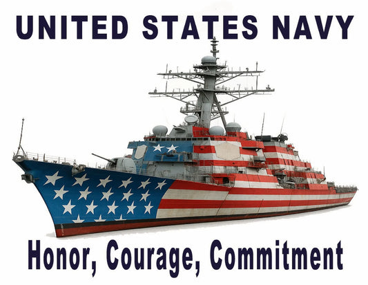 Navy ship with American flag design and 'United States Navy' text on a white background