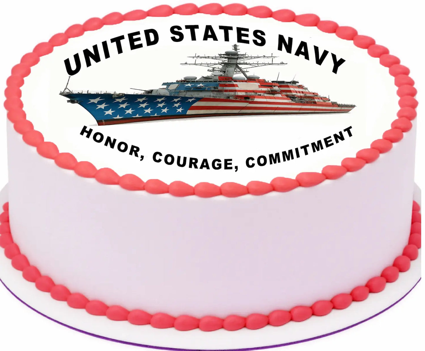 Cake with United States Navy design, ship image, and text on a white background