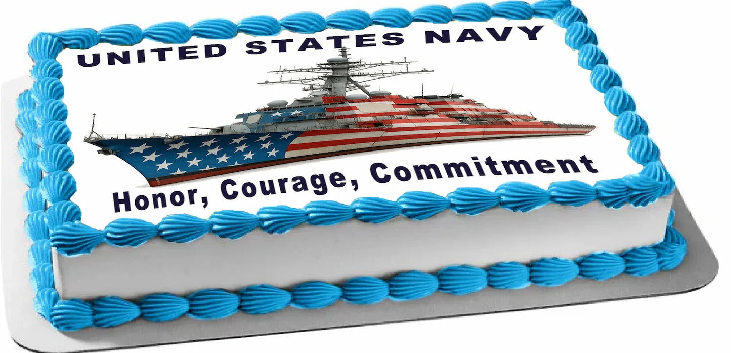 Cake with United States Navy design featuring a ship and American flag, with text 'Honor, Courage, Commitment'.