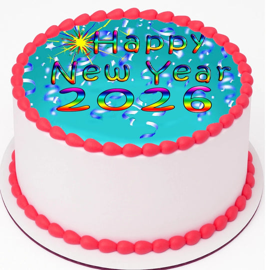 Custom Edible Cake Topper – New Year Confetti Rainbow Sparkle Design – Pre-cut 8" Round Icing Sheet – RA Pape