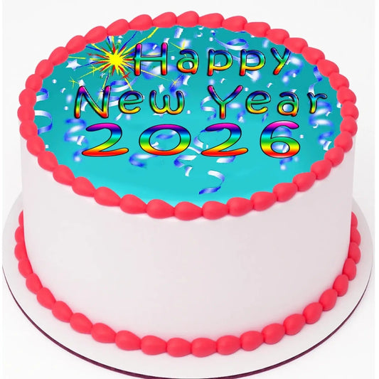 New Year's Edible Icing Cake Topper – Confetti Rainbow Sparkle 8" Round on a round cake.
