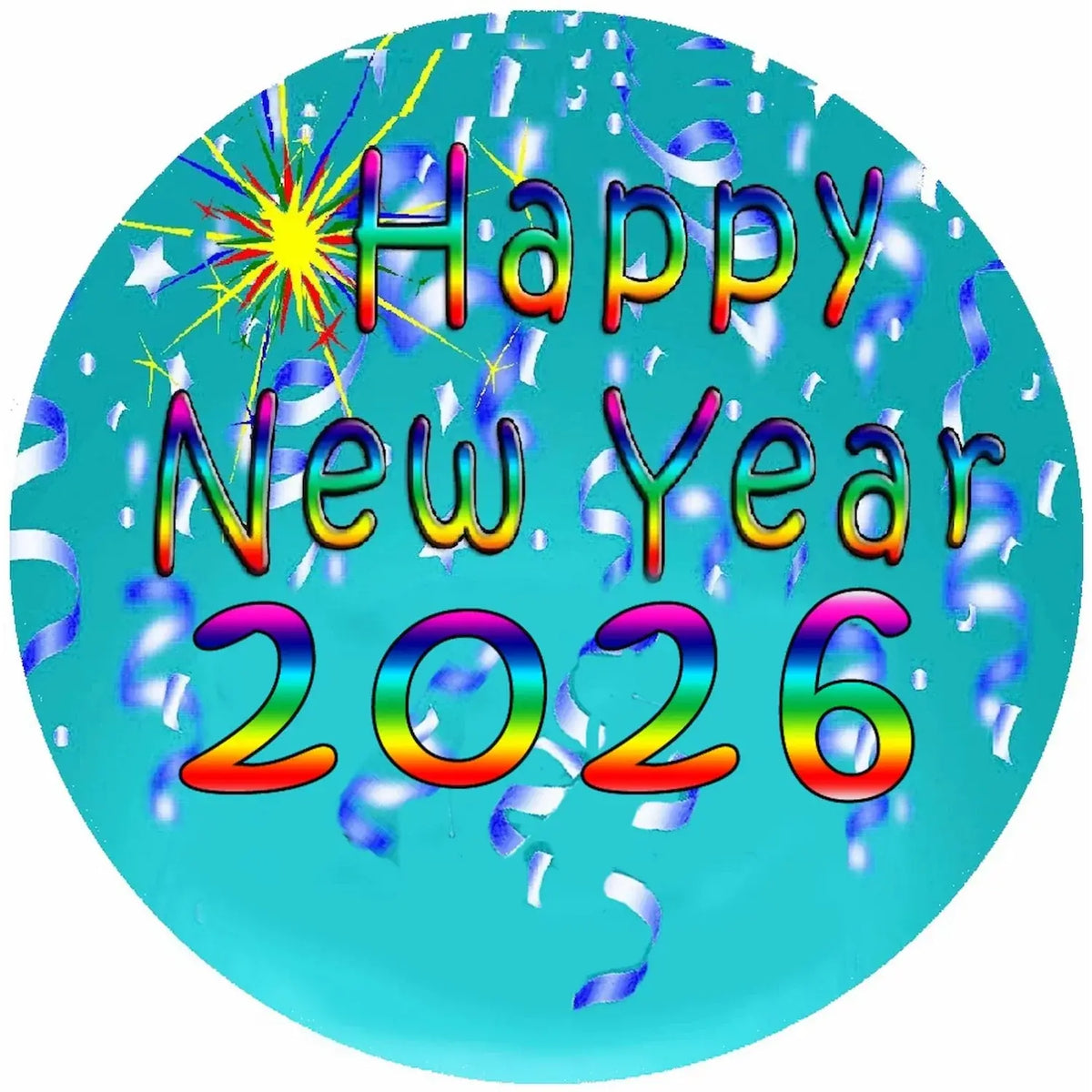 New Year's Edible Icing Cake Topper – Confetti Rainbow Sparkle 8" Round round topper design.